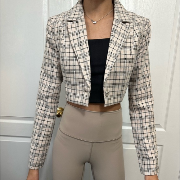 Meshki Cropped Blazer - Beige, Plaid (XS) - Picture 1 of 6